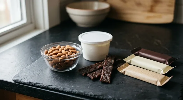 An assortment of healthy high-protein snacks including almonds, Greek yogurt, beef jerky, and protein bars on a dark countertop.