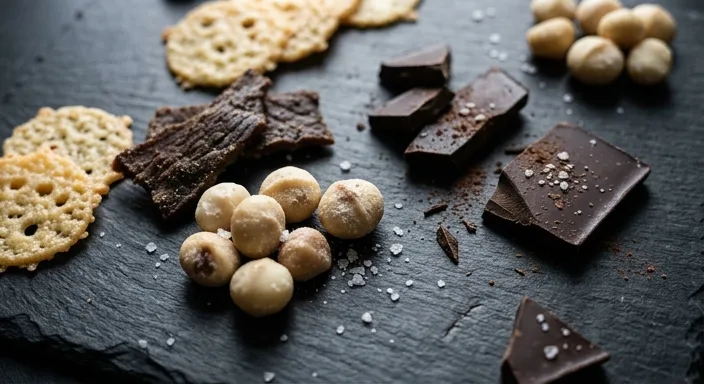A moody flat-lay of keto-friendly snacks including nuts, jerky, cheese crisps, and dark chocolate on a dark stone surface.