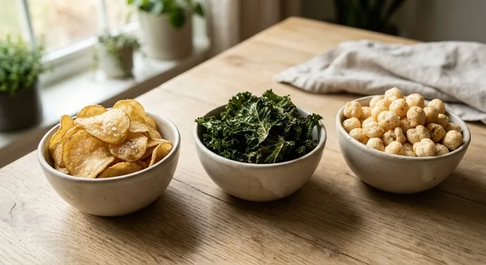 A visual comparison of greasy traditional potato chips, textured dark green kale chips, and airy round chickpea puffs served in three separate ceramic bowls on a wooden surface.
