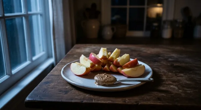 A plate of sliced apples and almond butter on a wooden table in a dimly lit, cozy nighttime kitchen.