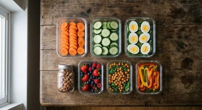 Flat-lay view of glass containers on a wooden table filled with carrots, cucumbers, eggs, almonds, and berries for weekly snack prep.
