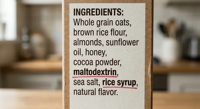 A close-up shot of a snack box nutrition label with hidden sugar ingredients underlined in red ink.