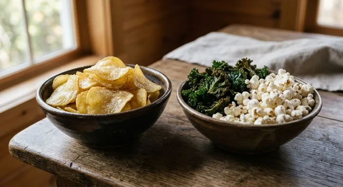 A side-by-side comparison of a bowl of greasy potato chips next to colorful kale chips and popcorn.