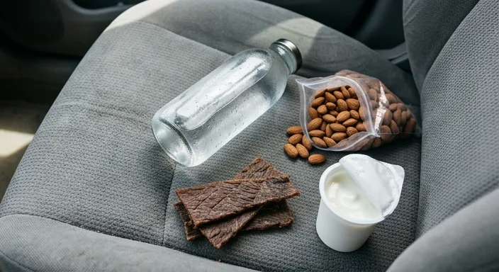 A flat-lay of road trip snacks including beef jerky, almonds, yogurt, and a water bottle on a car seat.