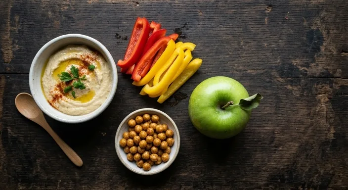 A flat-lay photograph of various nut-free, low-sugar school snacks including sliced bell peppers, a small container of hummus, roasted chickpeas, and a green apple, arranged neatly on a dark wooden surface.